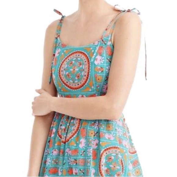 J CREW Drakes London Green Midi Dress Sz 2 Elephant Birds Animal Print Fit Flare - Picture 2 of 13